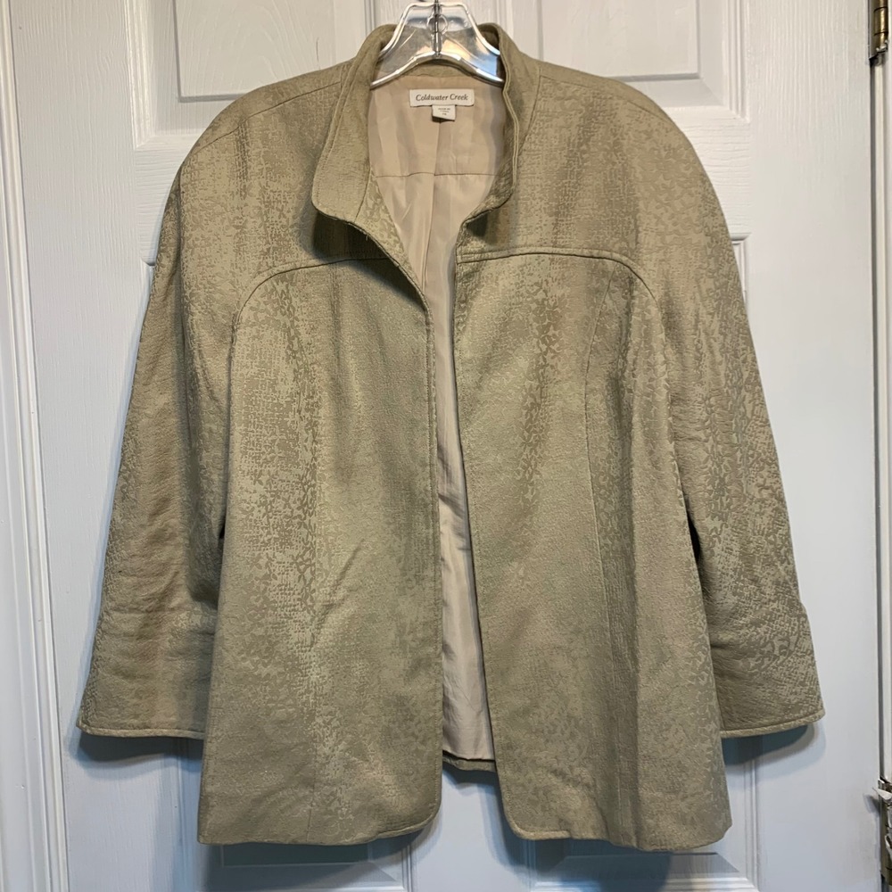 Coldwater Creek Blazer 14 Beige Jacquard Floral Open Front Jacket Career Chic